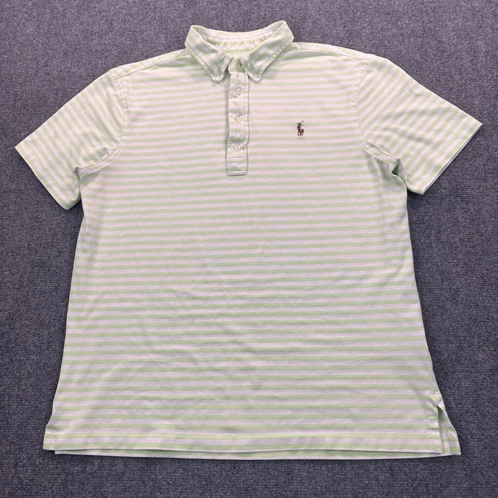 Ralph Lauren Men's‎ L Knit Oxford Polo Shirt Lime Green White Striped Flesh Pony